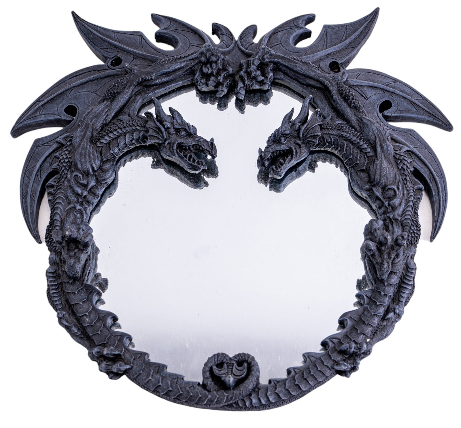 Gothic-Style Resin Dragon Framed Wall Mirror: Decorative gothic-style wall mirror featuring a molded resin frame with two opposing dragons, winged crest, scaled border, and antique pewter finish.