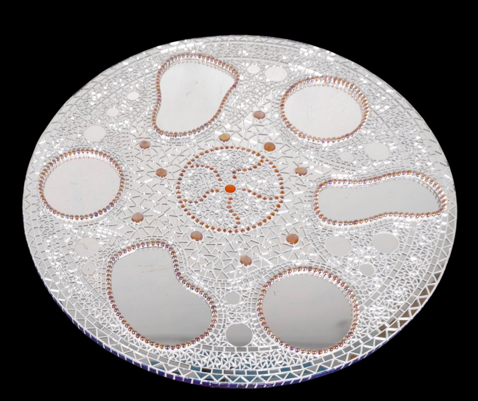 Mixed-Media Mosaic Mirror: A large circular mixed-media wall mirror with abstract mosaic design, signed and inscribed on verso "Everyone Loves Rufus, Arnaldo McClain, Made by Carlos, con mis amigos Ramirez, 2015". Measures