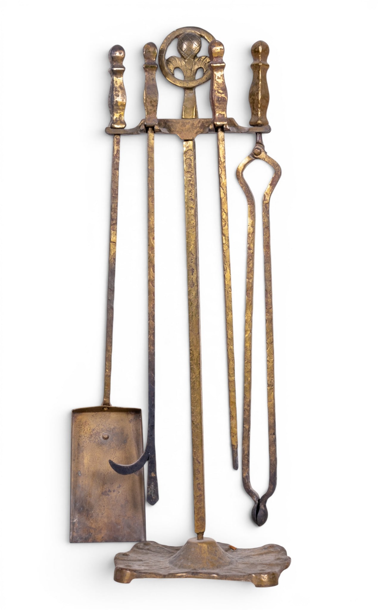 Mid Century Cast Iron Fireplace Tool: Mid century cast iron fireplace companion set comprising stand, shovel, poker, tongs. Features matching figural handles, each cast with number 1231. Brush head is not present. Stand measures approx.