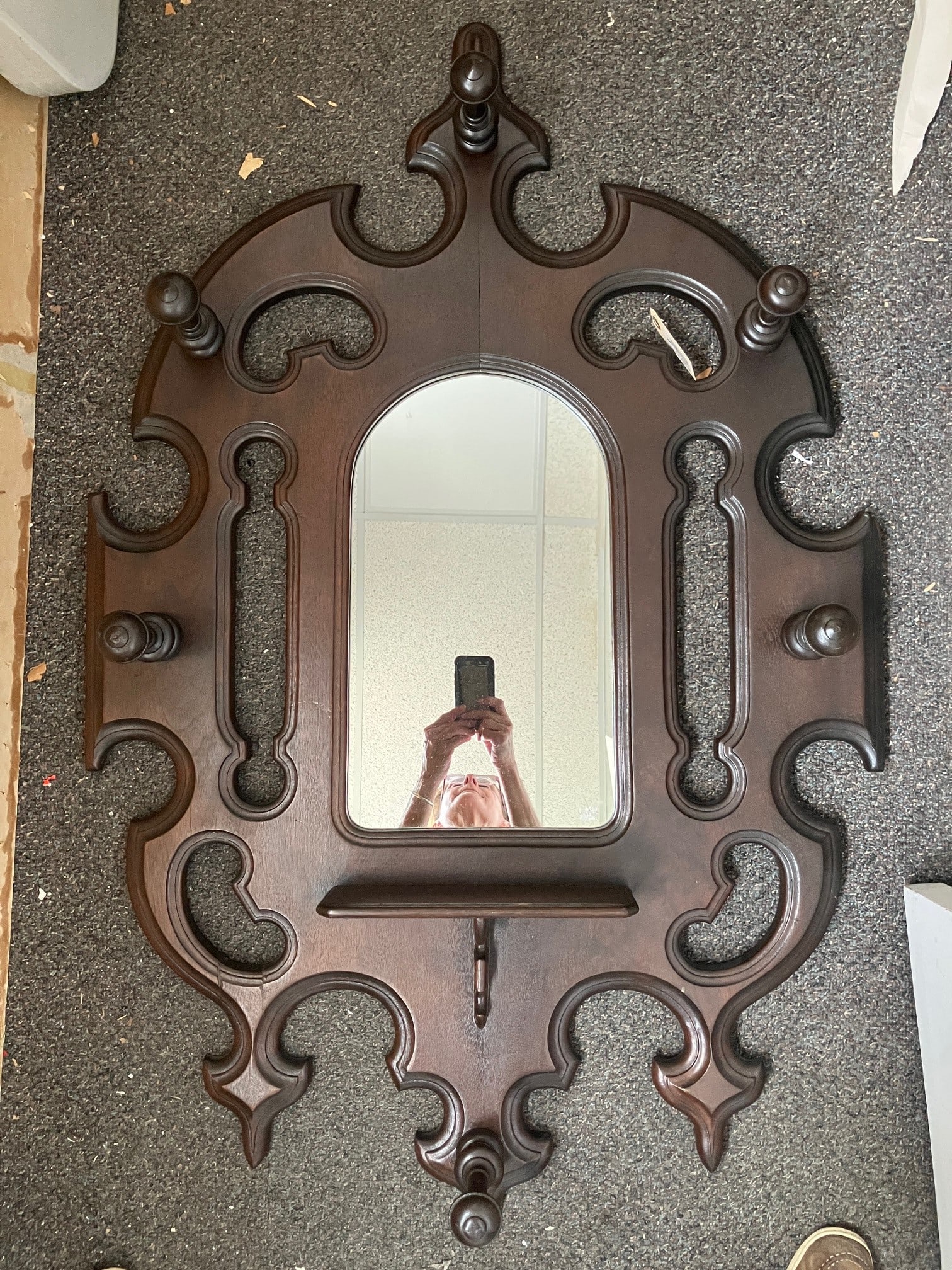 Antique Victorian Walnut Hanging Mirror w/ Pegs - 9
