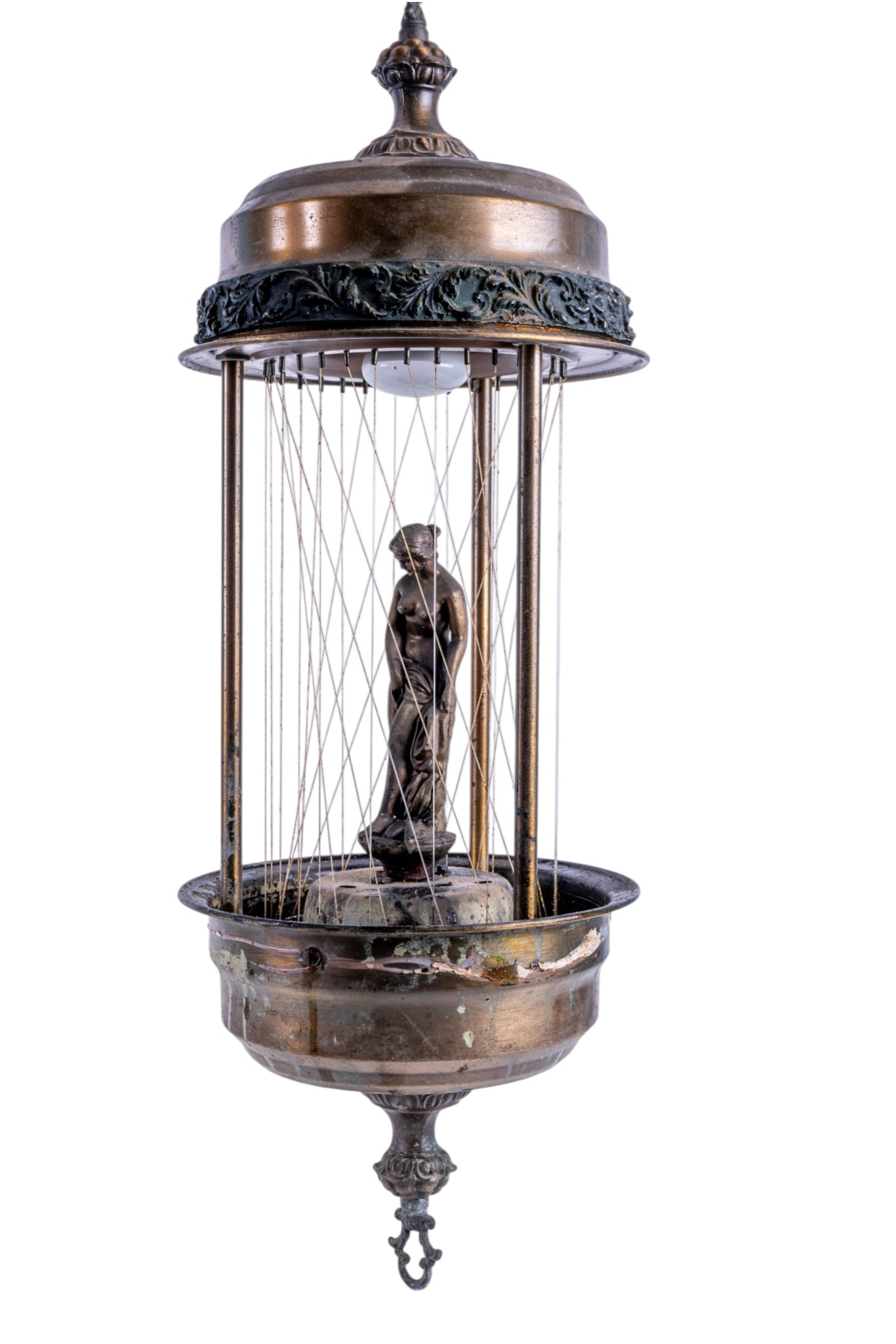 Italian Brass Figural Oil Rain Lamp, Electrified: Vintage Italian brass hanging oil rain lamp featuring a classical female figure within a cylindrical lantern frame. Decorated with cast scrolling foliage, suspended by chain, and later electrified. Me