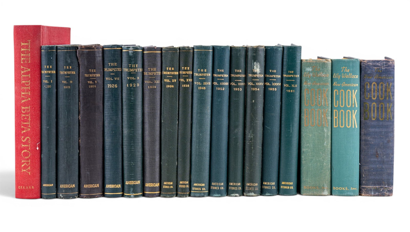 Collection of Vintage American Stores Books: Group including The New American Cook Book by Lily Wallace together with bound volumes of The Trumpeter employee publication issued by American Stores Company. Volumes include examples dated 1921, 192