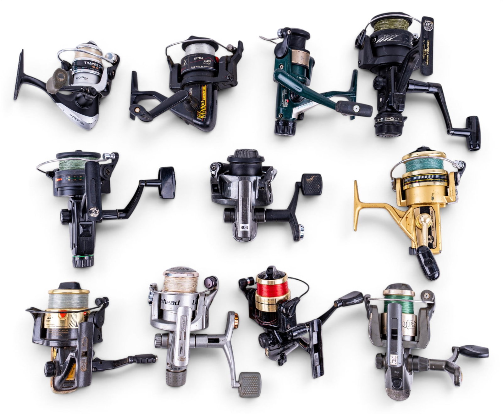 11 Vintage Fishing Reels, Abu Garcia, Daiwa: Collection of 11 fishing reels including a Daiwa G5-15x, Shimano Spool R3, Abu Garcia Model C1R, Elite 910A, Abu Garcia Cardinal Black Max 63, Abu Garcia Cardinal Gold Max 3, along with additional