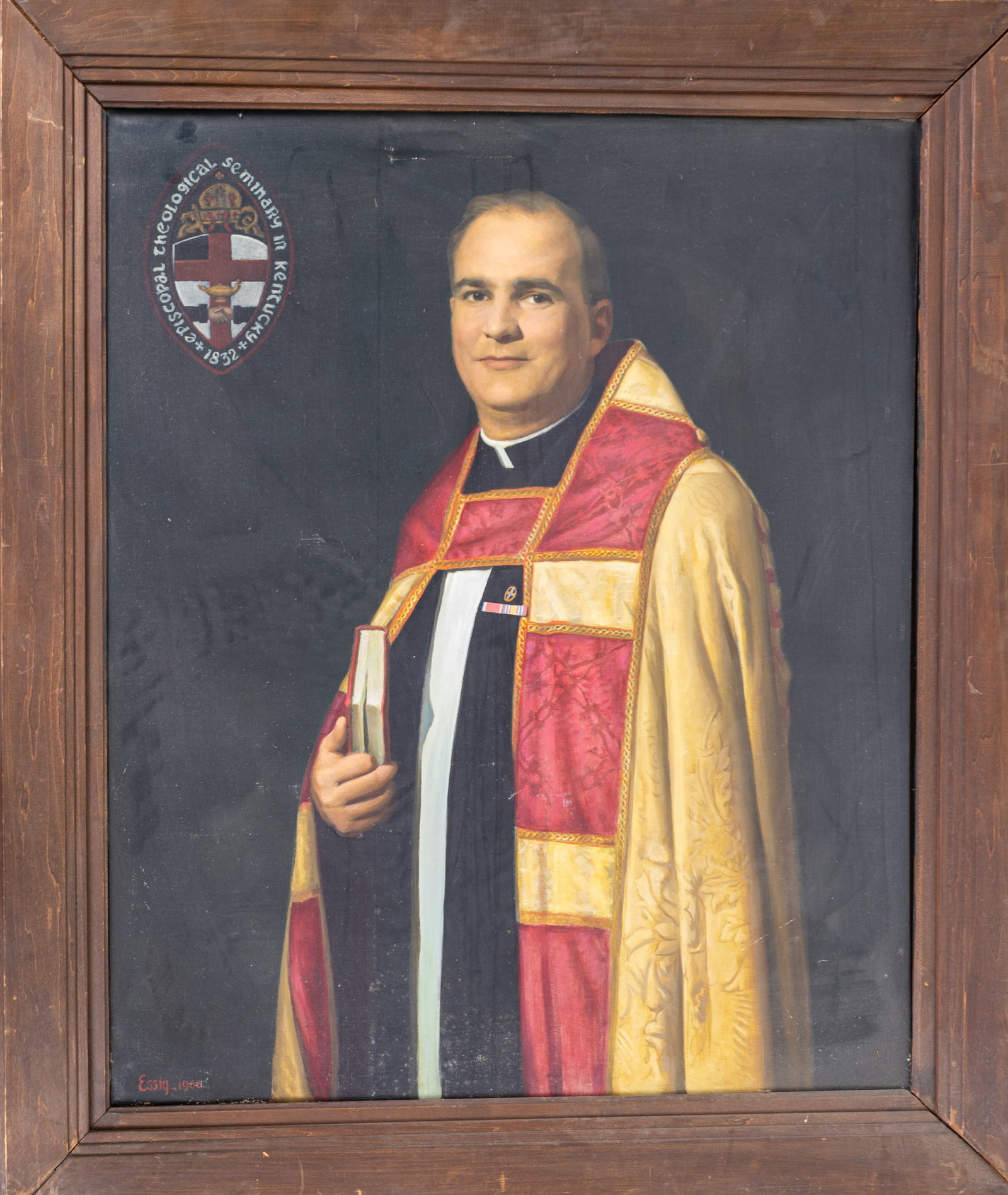 Oil Canvas Portrait of Priest in Ceremonial Dress: The mid 20th century oil on canvas painting depicts a portrait of a priest in ceremonial dress. It has an insignia on top left painted on it, which reads, "Episcopal Theological Seminary in Kentucky