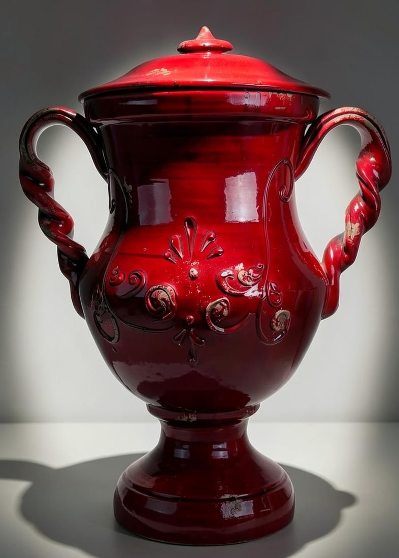 Italian Lidded Urn by Jay Wilfred, Sadek: Large Italian pottery urn with matching domed lid, finished in a deep crimson red glaze. Features applied scrolling decoration, twisted loop handles, and a pedestal base. Measures approx. 22.5" H.