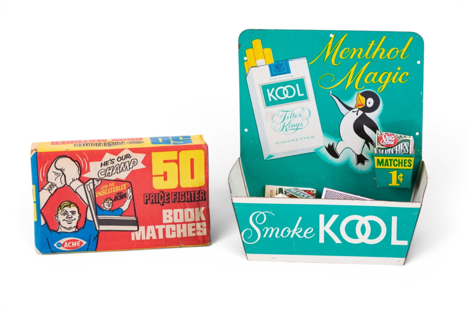 KOOL Cigarette Advertising and Matchbooks: A KOOL Menthol Magic tin litho countertop display container, measures approx. 7.5" W x 4" D x 8" H, a collection of ShurShine and other matchbooks, and a vintage ACME grocery matchbook set in