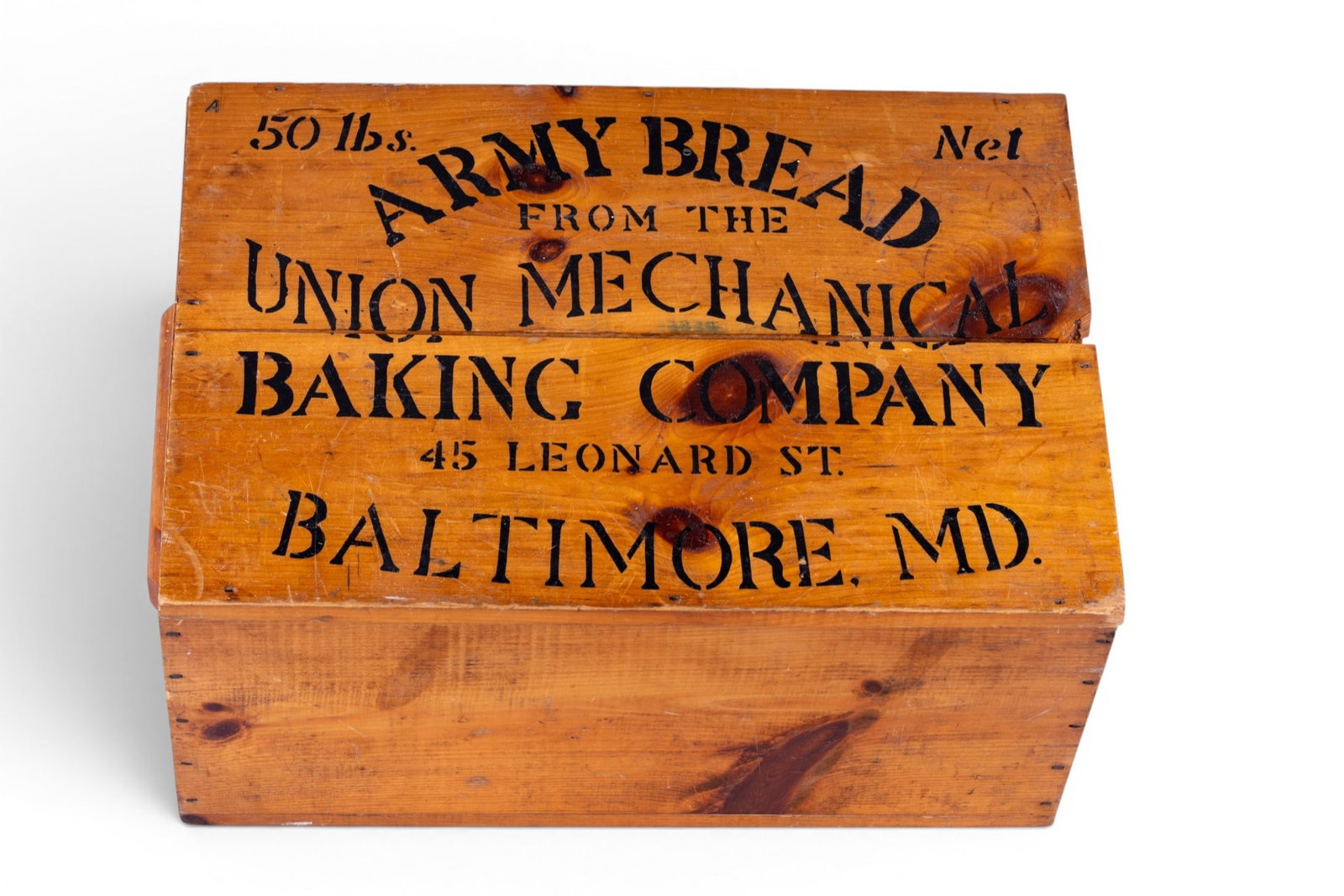 20th C Stenciled Advertising Crate with Lid: A 20th C wooden shipping crate with stenciled advertising on the lid, stamped on the interior by Wood-Crafts by S. G. Workman est. 1982. Measures approx. 25" W x 17" D x 11.5" H.