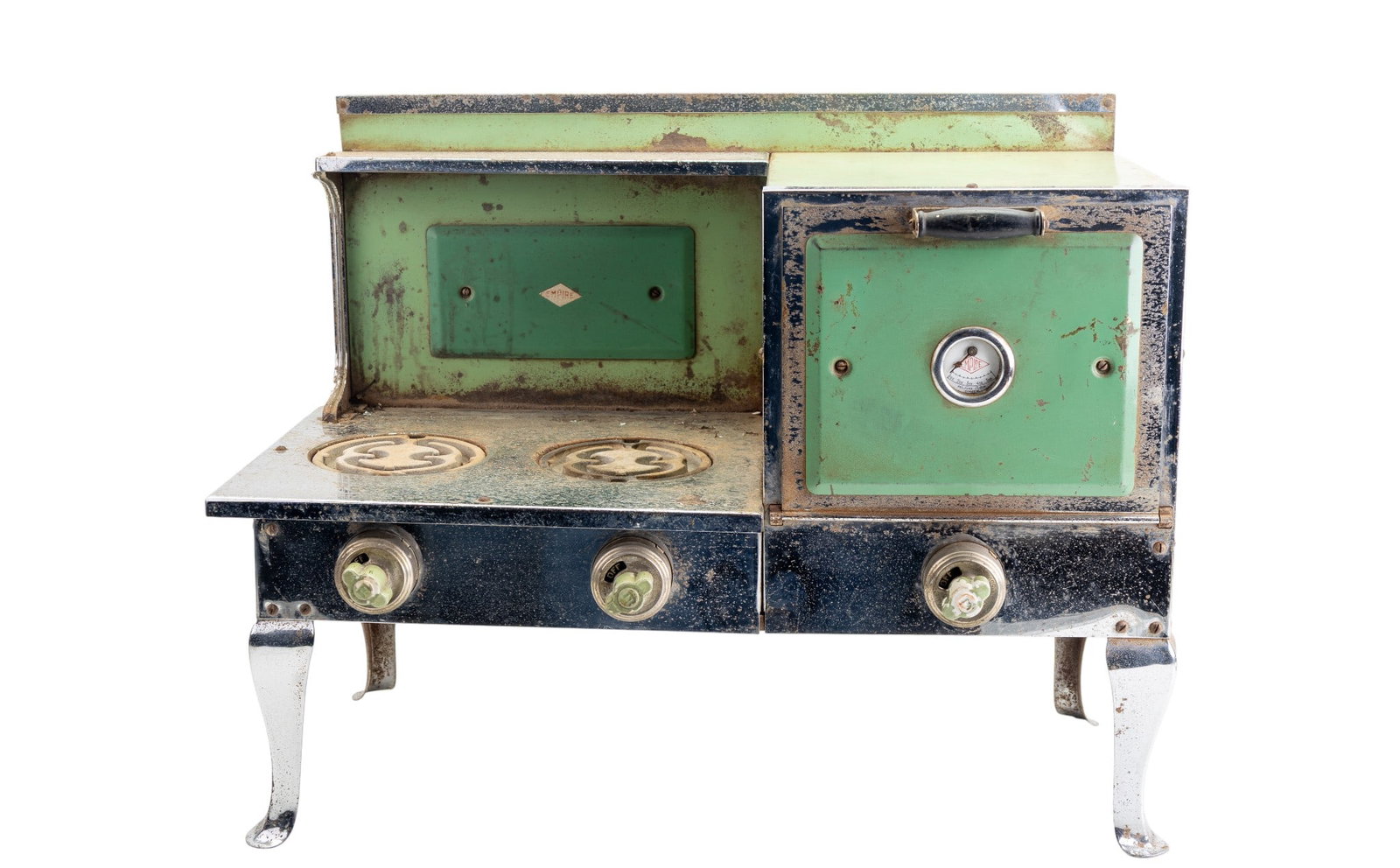 Vintage 1930s Empire Child's Toy Stove: Vintage Empire child's electric toy stove in green-painted metal finish / metalware / tin, featuring dual cast burner plates, oven compartment, temperature gauge marked "Empire", and 3 control knobs. 