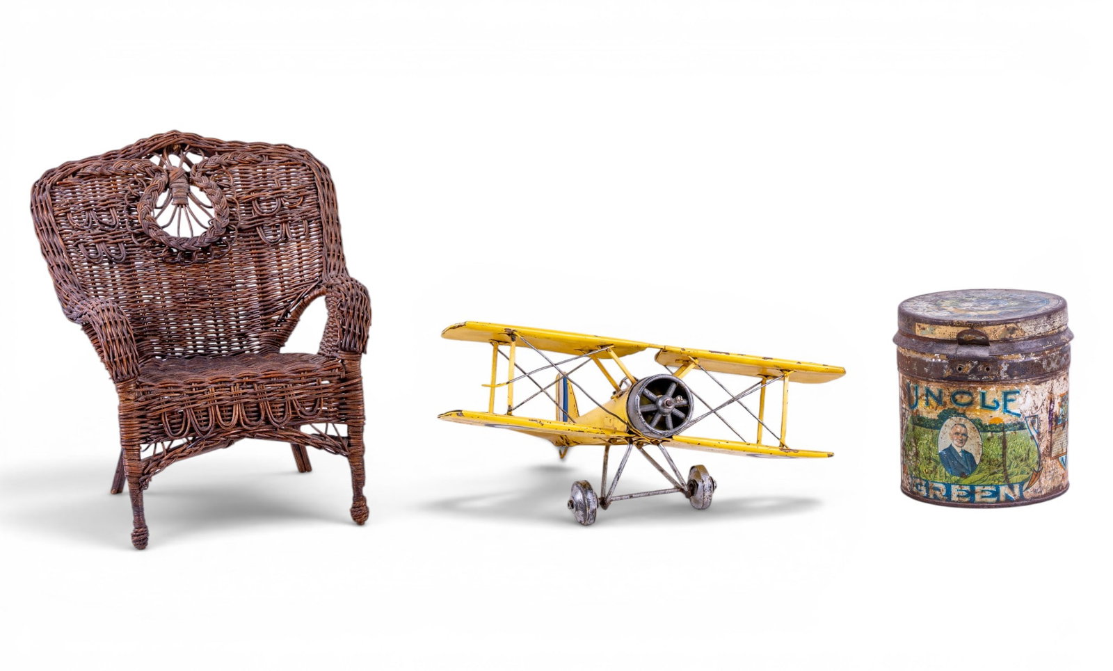 Vintage Tin, Wicker Doll Chair, Prop Plane Decor (1 of 10)