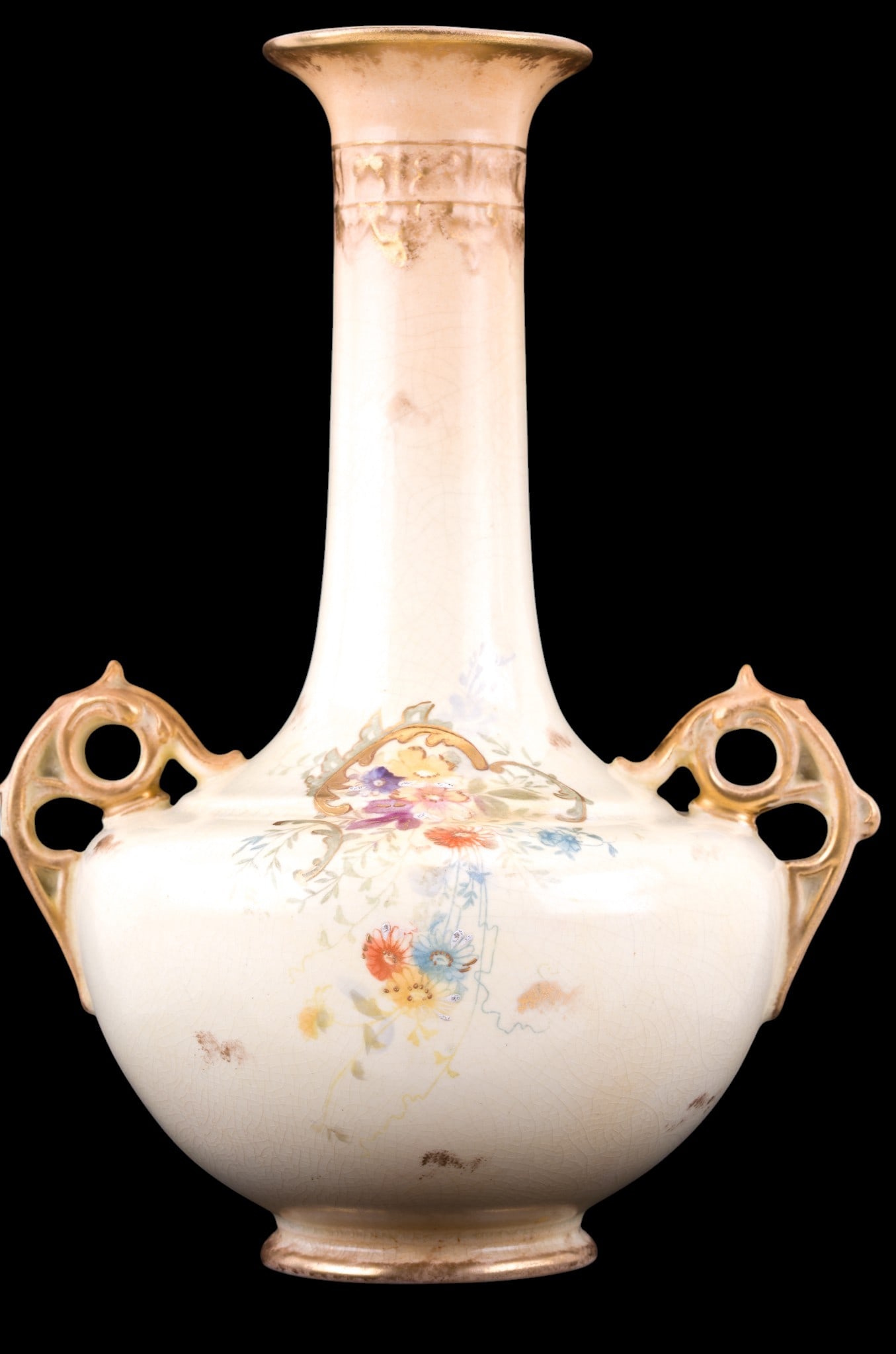 Antique German Painted Porcelain Vase: An antique German hand painted and gilt porcelain vase, note crazing, measures approx. 10.5" H.
