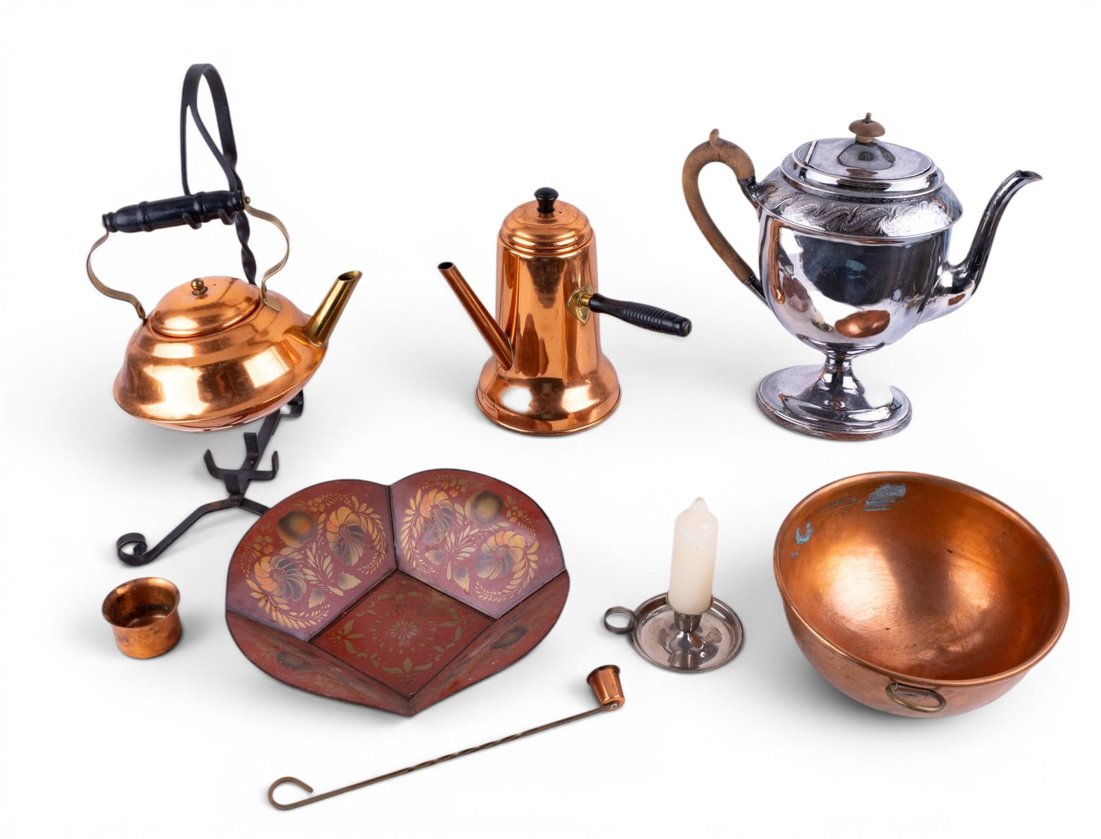Copper Craft Guild Cookware and More: A collection of copper and silverplate including Copper Craft Guild coffee pot with wrought iron burner stand, stand measures approx. 16" H, a Copper Craft Guild Turkish coffee pot, a copper and