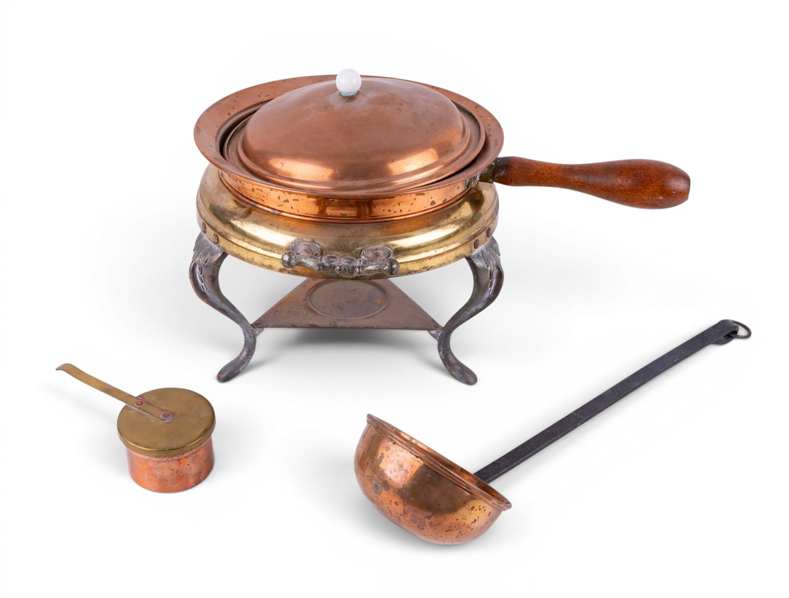 Copper Chafing Dish and Ladle: A vintage copper and brass lidded chafing dish with wooden handle and an early copper ladle with wrought iron handle.