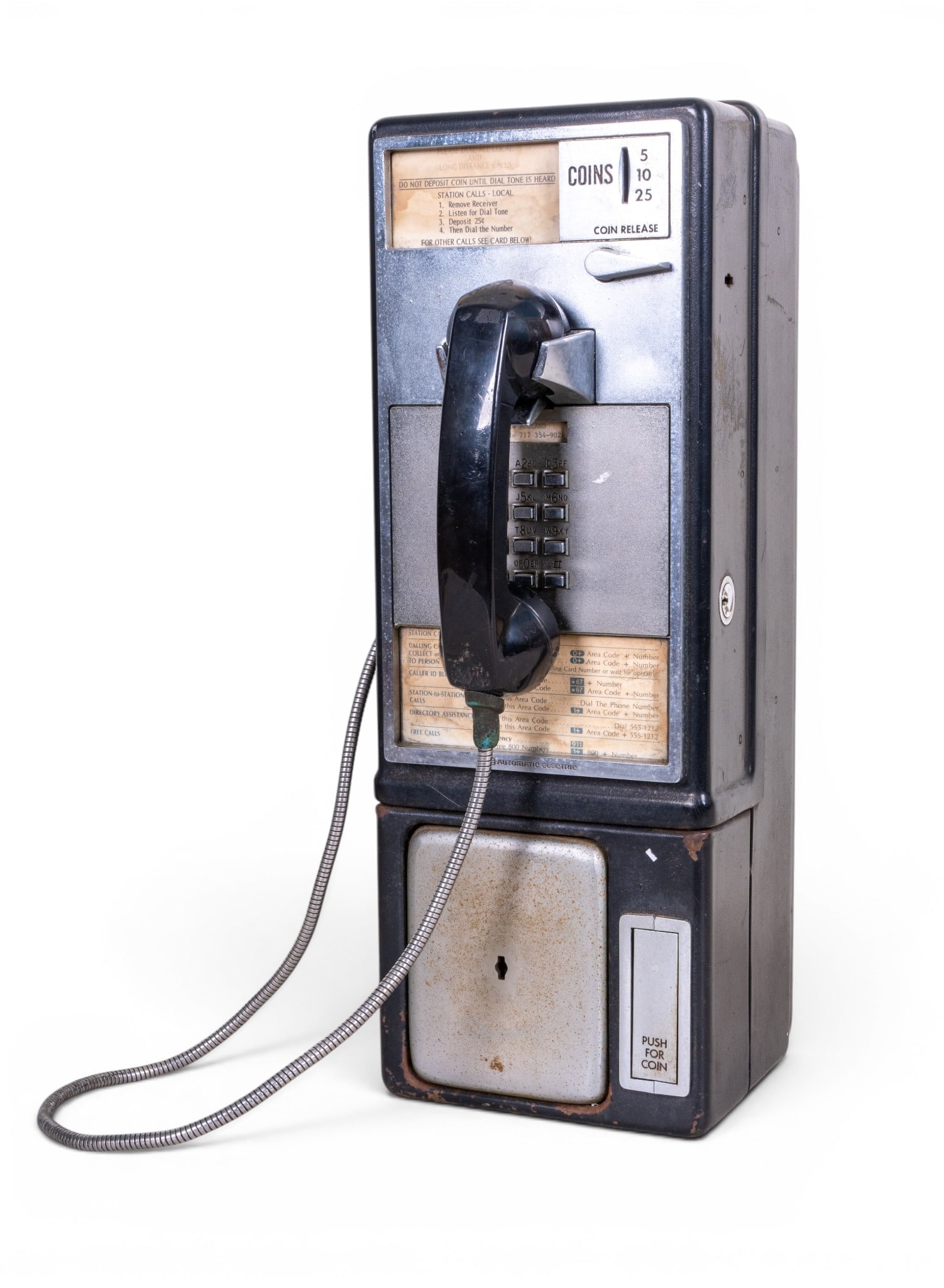 Vintage GTE Automatic Electric Payphone: A vintage wall mounted GTE Automatic Electric coin operated payphone, no keys or serial information available. Note wear due to age and use, measures approx. 7.5" W 9.5" D x 21" H.