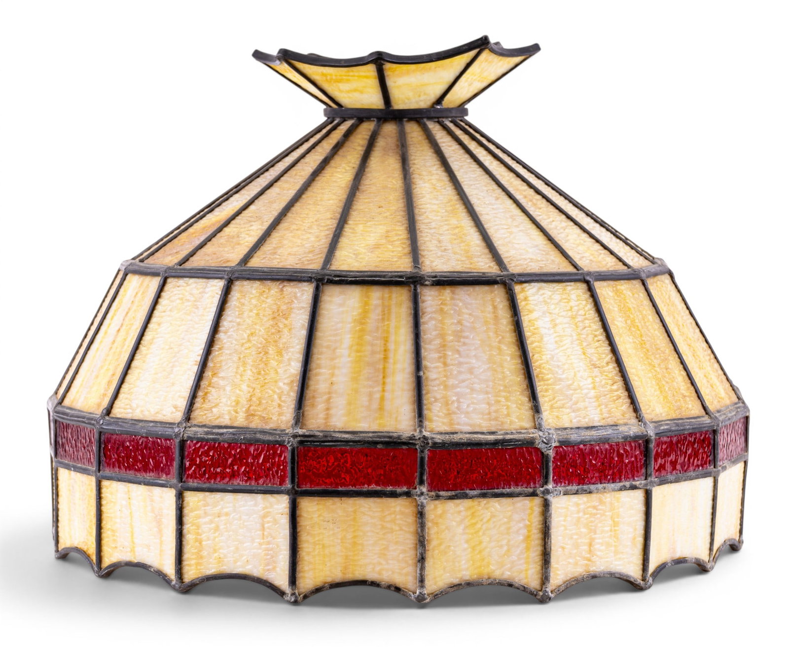Leaded Glass Hanging Lamp Shade: Large geometric leaded glass hanging shade featuring cream and amber slag-style panels with burgundy accent band and a scalloped lower edge. Measures approx. 13.75" H x 19.5" Diameter.