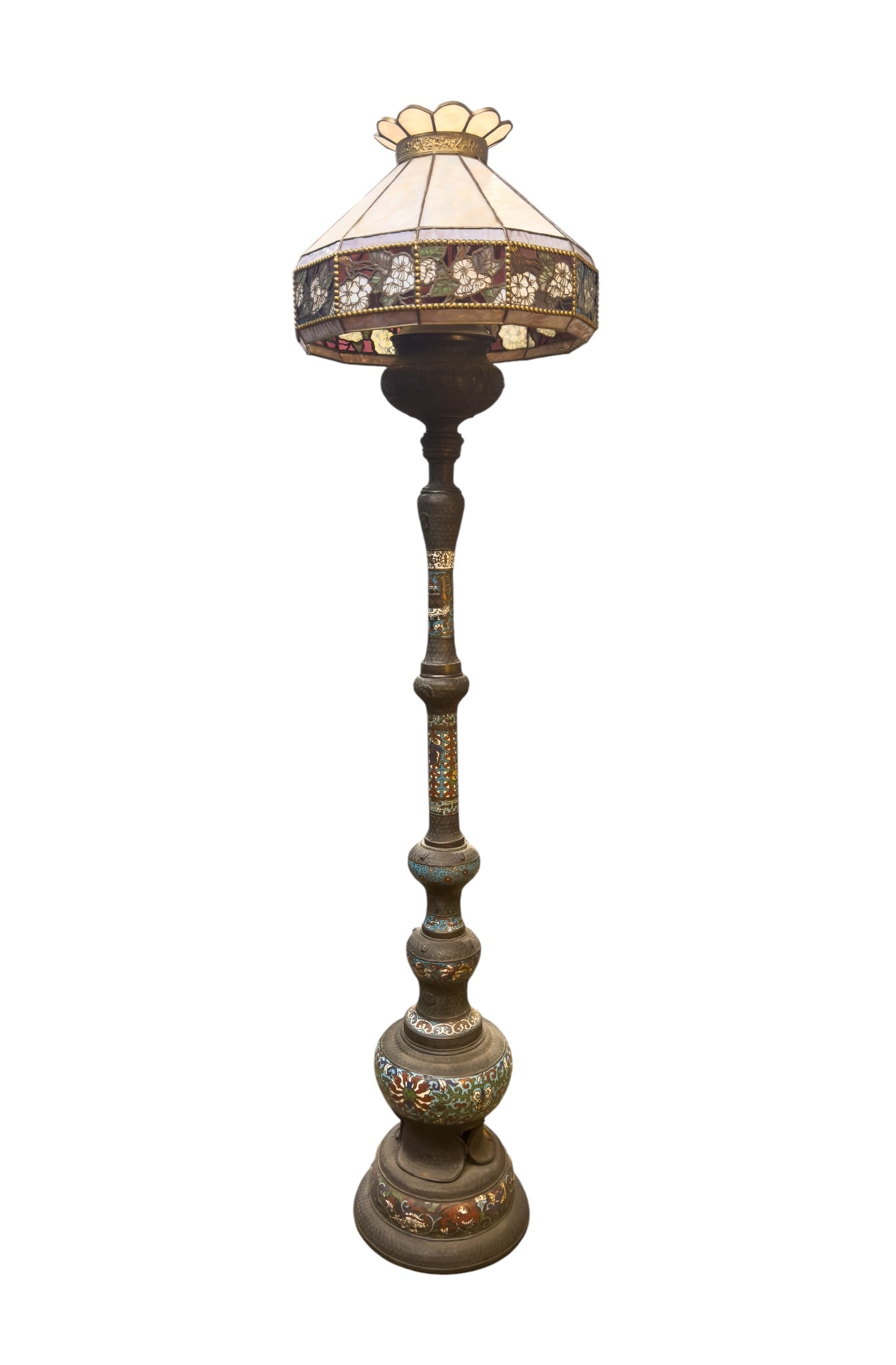 Cloisonne Floor Lamp (Oil-Converted) + Glass Shade: Large oil-converted Cloisonne and bronze floor lamp with open metalwork base of shade with leaf and floral pattern, stained opalescent glass, and leaded glass panels. Shade measures approx. 19" diamet