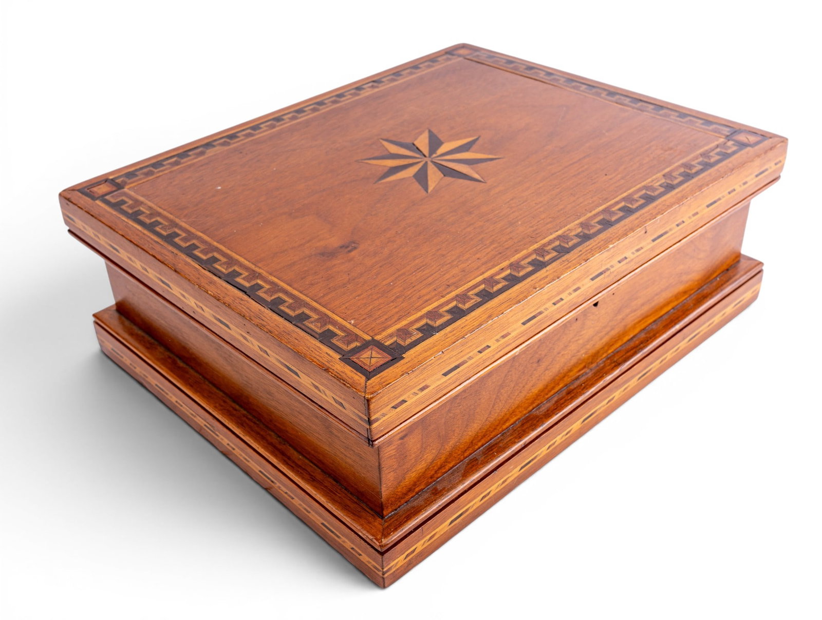 Antique Inlaid Wooden Box: Early wooden inlaid box. Estimated to be from the 1800's with green velvet interior liner. Measures approx. 13.75" W x 10.75" D x 4.75". Hinges currently missing screws.