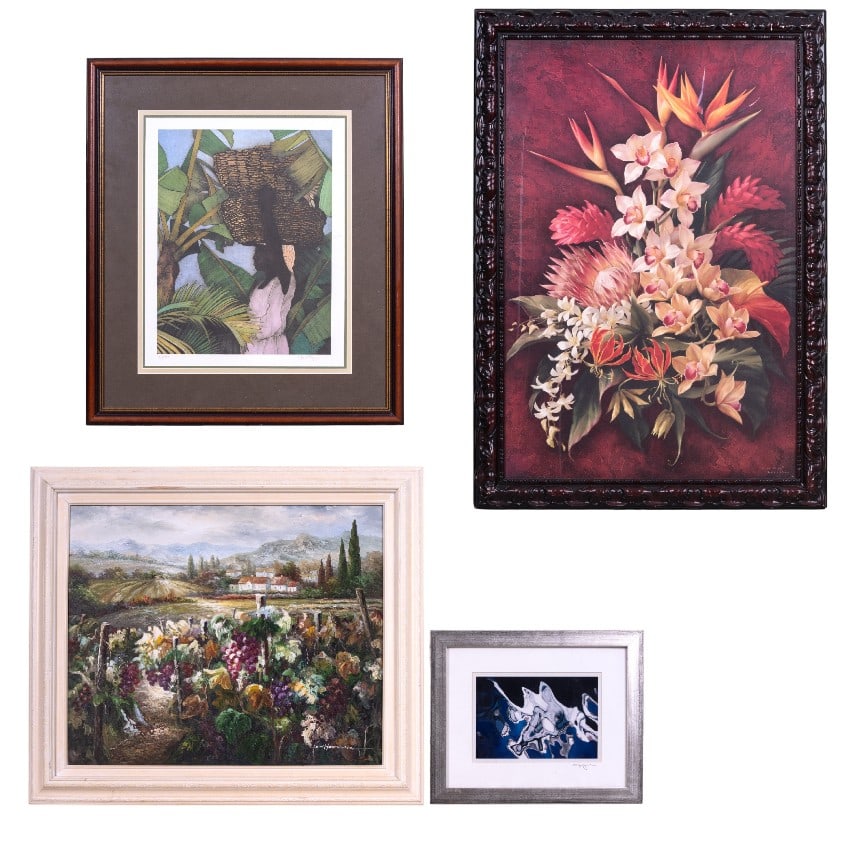 Floral Themed Decorative Artwork: Includes abstract print signed in the margin in pencil, a large floral tropical still-life print in an ornate carved frame, a framed tropical botanical print signed, a framed landscape depicting a
