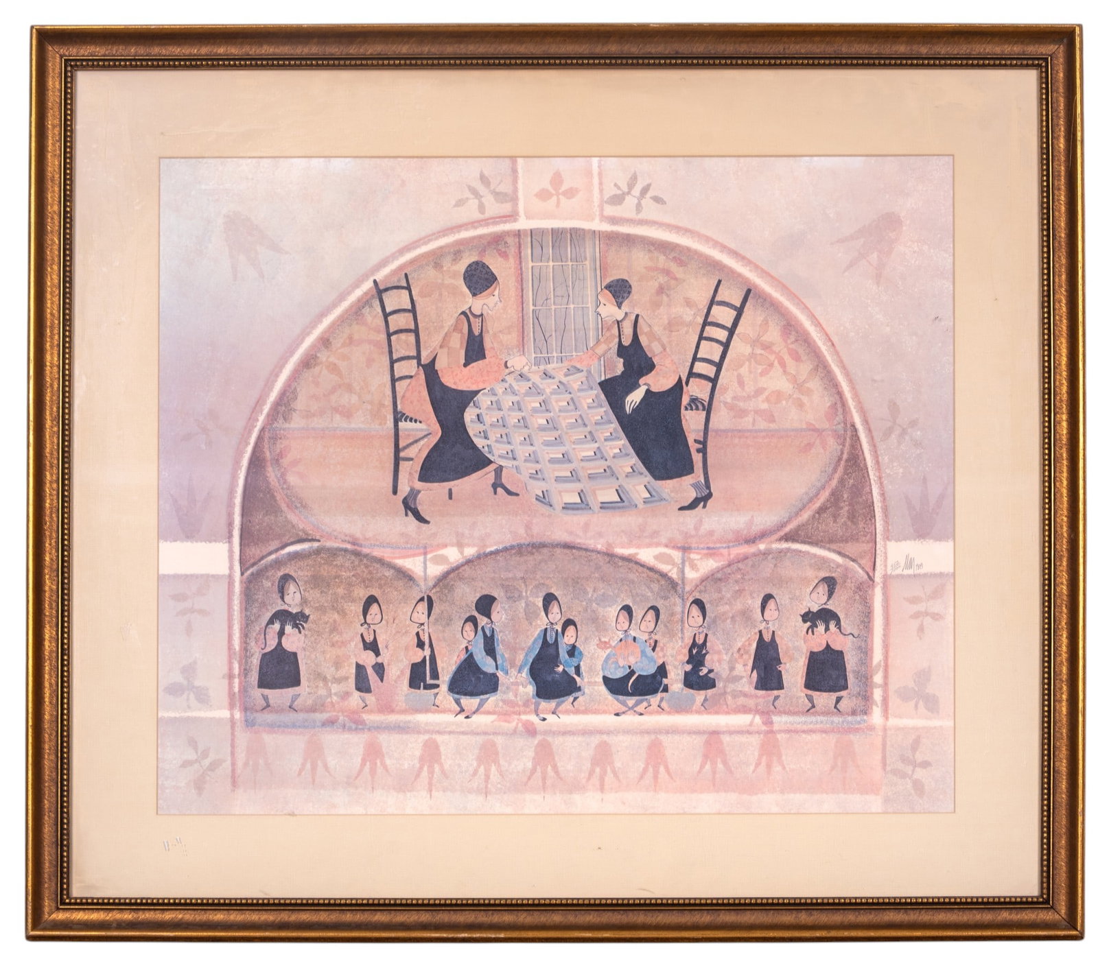 P. Buckley Moss 1978 Signed Limited Folk Art Print: Good overall condition with some wear to the frame consistent with age. Framed limited edition folk art signed and marked with pencil and marking reads 952/1000. Professionally matted and framed depic