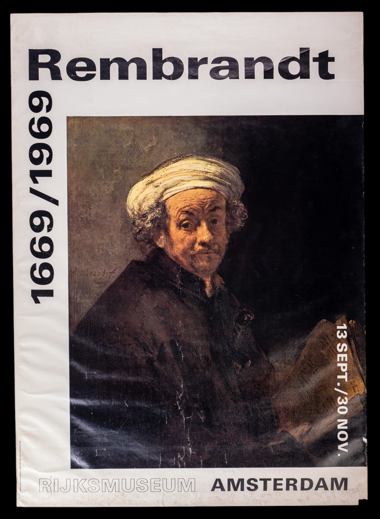 Rembrandt Rijksmuseum Amsterdam Exhibition Poster: A large poster advertising the Rembrandt exhibition at the Rijksmuseum in Amsterdam dated 1969, note some edge loss, measures approx. 45" H x 32.5" W.