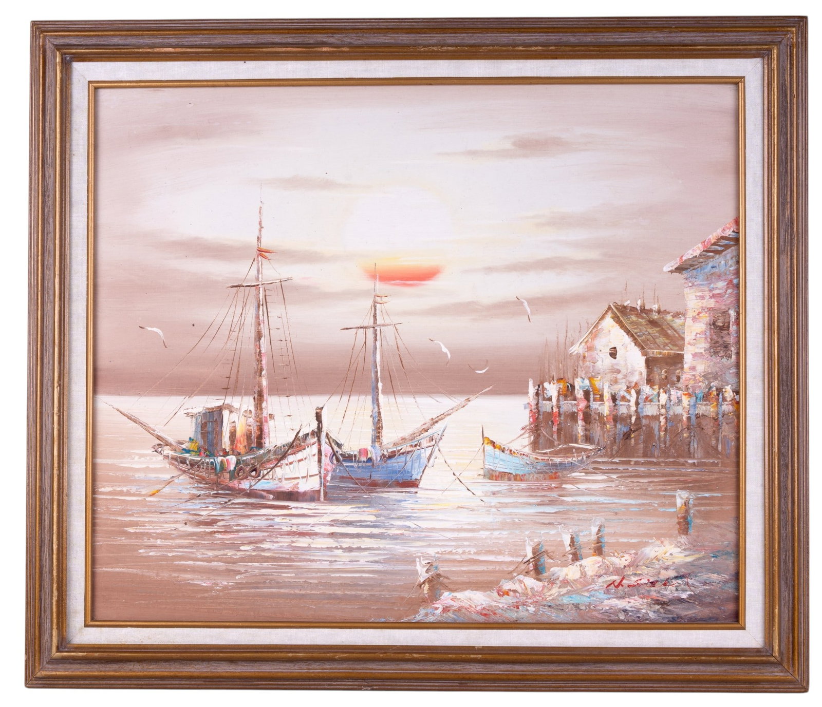 Signed Harbor Scene Oil on Canvas: Original oil on canvas depicting a coastal harbor scene with docked fishing boats, waterfront buildings, and figures along a pier at sunset. Executed in an impressionistic palette. Signed illegibly lo