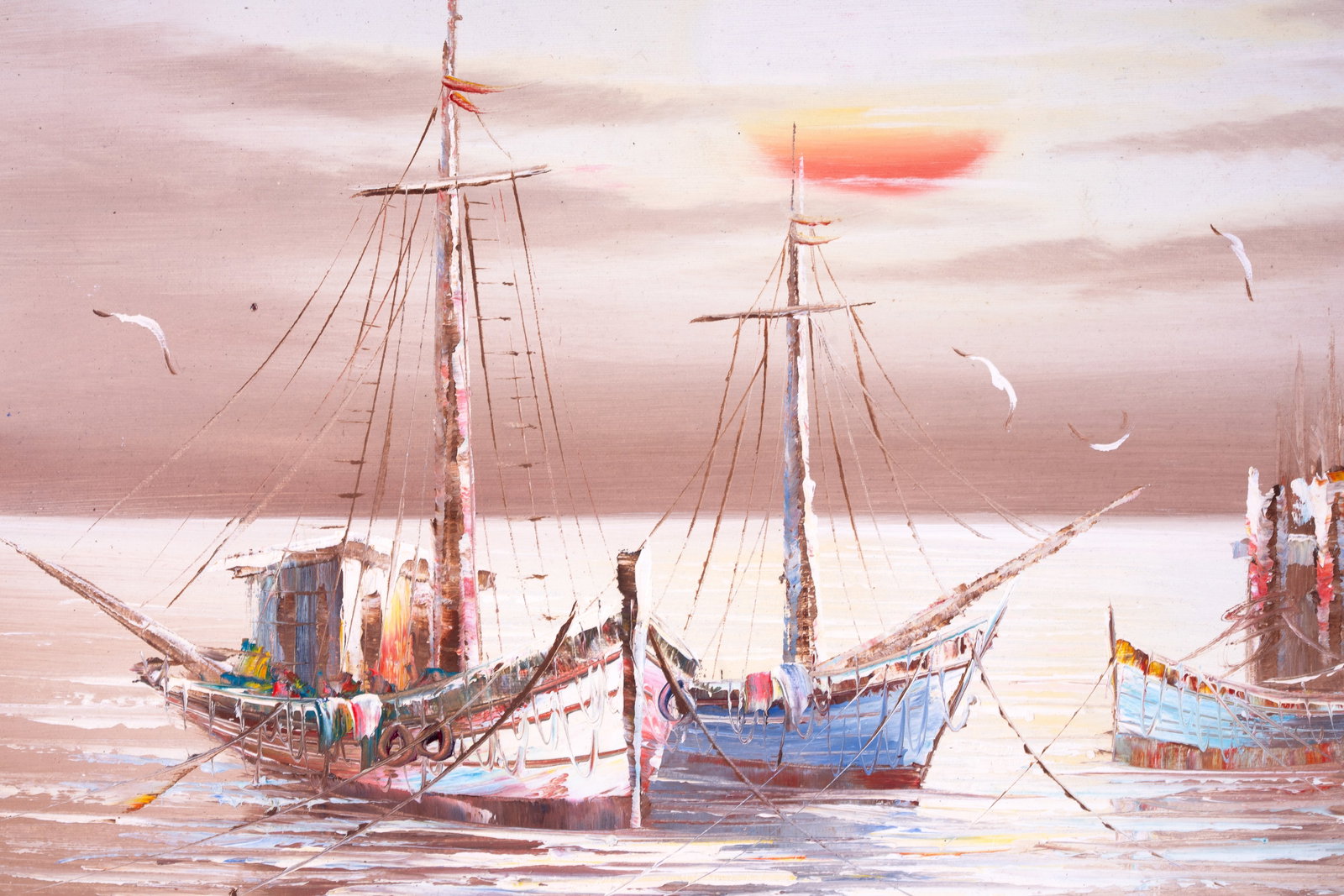 Signed Harbor Scene Oil on Canvas - 2