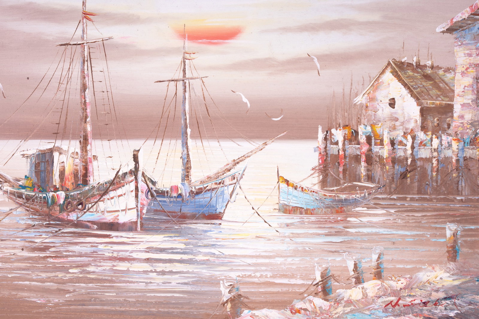 Signed Harbor Scene Oil on Canvas - 3