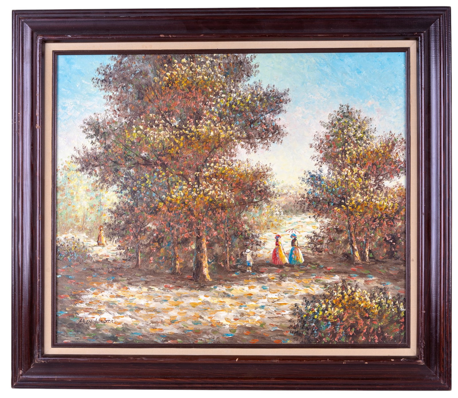 Alen Walter Impressionist Oil on Canvas: Original oil on canvas landscape painting depicting a wooden park scene with strolling figures beneath colorful autumn trees. Signed lower left "Alen Walter". Measures approx. 30" W x 26" H.