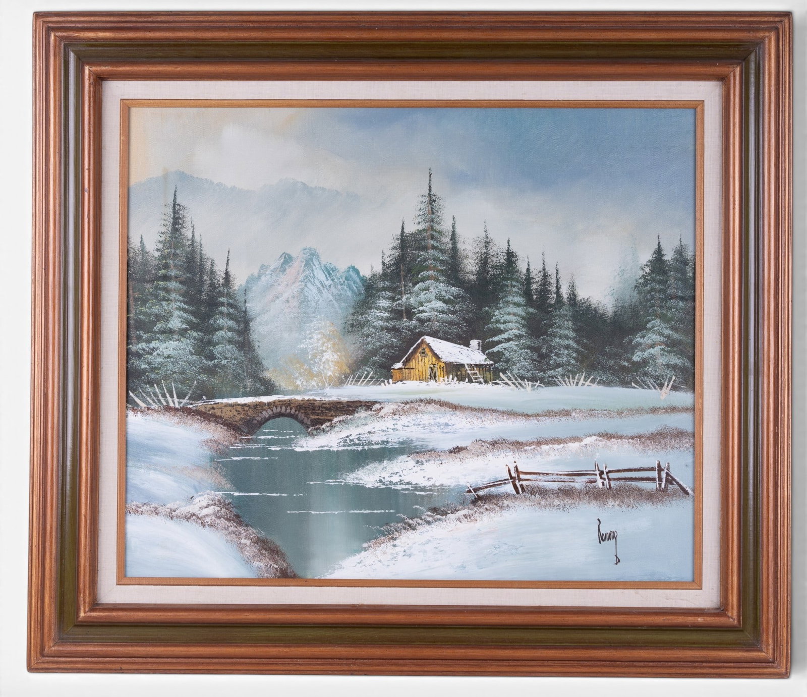 Signed Winter Landscape Oil on Canvas: Original oil on canvas depicting a tranquil winter landscape with snow-covered cabin, evergreen forest, stream and distant mountain backdrop. Signed lower left, appears to read Romotio or similar. Mea