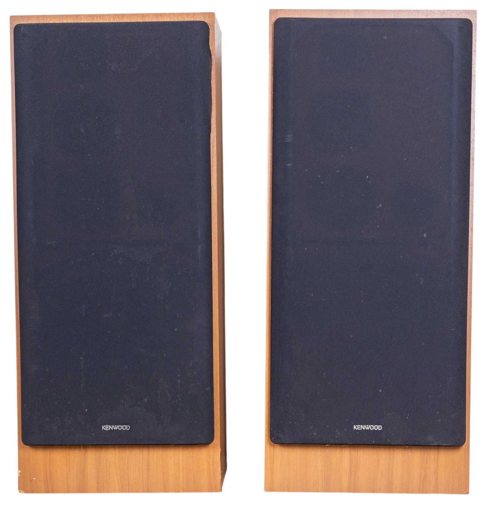 Large Vinatge Kenwood Speaker Pair: A pair of large size vintage Kenwood speakers featuring pressed board bodies with wood grain veneer. No serial or model number information available. Measures approx. 17.5" W x 11.5" D x 41" H. Specia