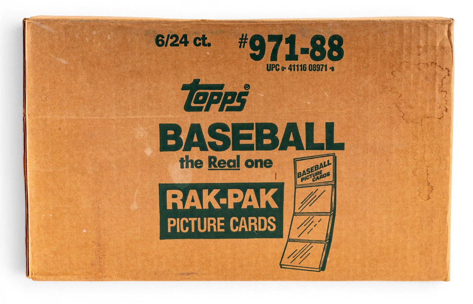 Factory Sealed Case of 1988 Topps Baseball Cards: Factory-sealed case of 1988 Topps Baseball "Rak-Pak" picture cards. Contains 6 boxes, with each box holding 24 rack packs.