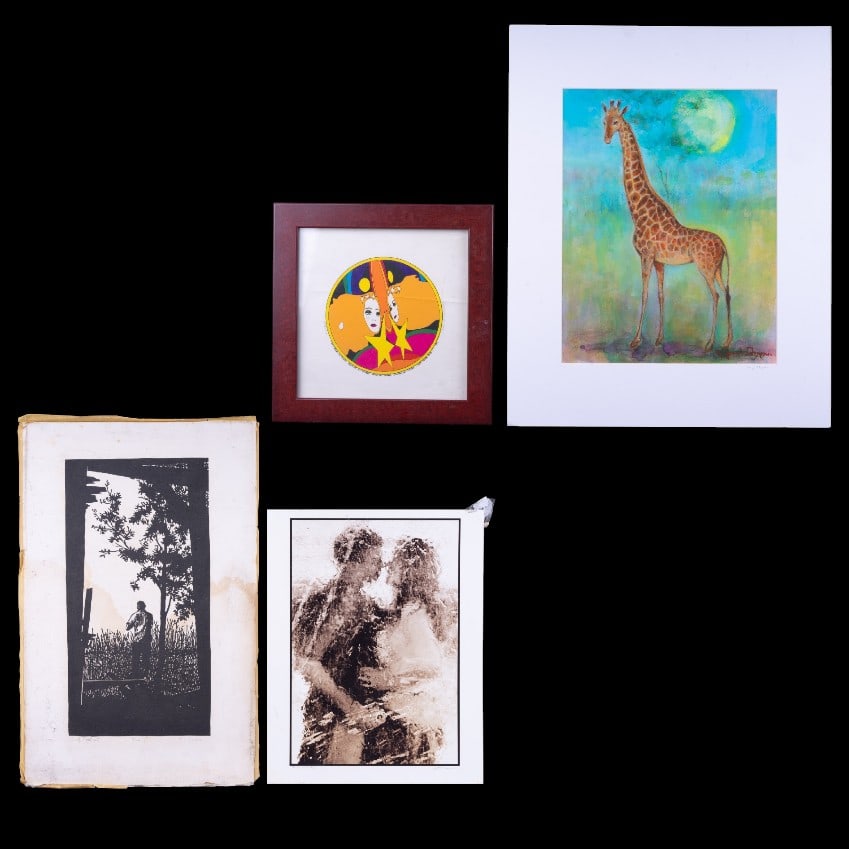 Four Contemporary Prints: Prints include a 1970 pop art print with two figures and 1 Corinthians 13 verse around border; signed in pencil and dated 1979 and marked 286/500, a Giraffe print in vibrant colors pencil signed in lo