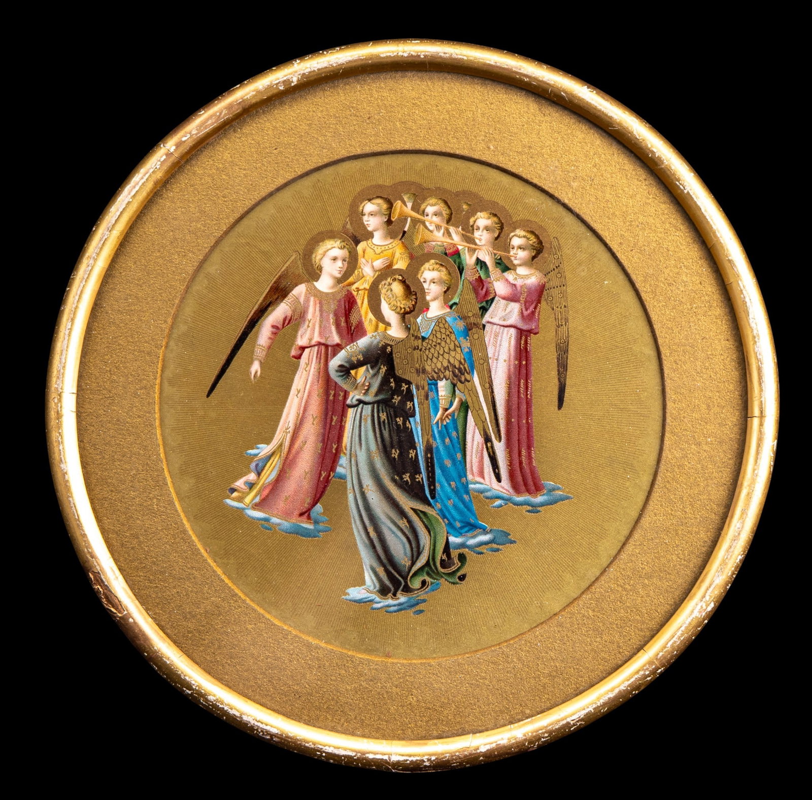 Coronation of the Virgin Decorative Print: Decorative print featuring a detail from "Coronation of the Virgin" by Fra Angelico, housed in a round, gilded frame. Measures approx. 8.25" Diameter.