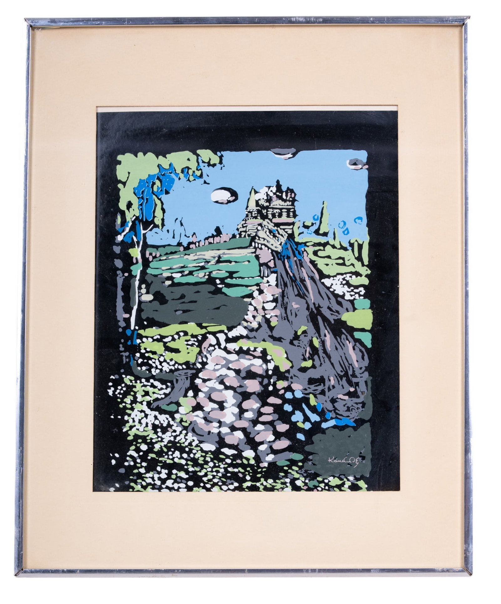 Silkscreen Repro. Wassily Kandinsky (1866-1944): A vintage reproduction expressionist silkscreen print titled 'Russian Beauty in a Landscape' by Wassily Kandinsky (Russian 1866-1944), note artwork is slipping from the mat, frame measures approx. 16"