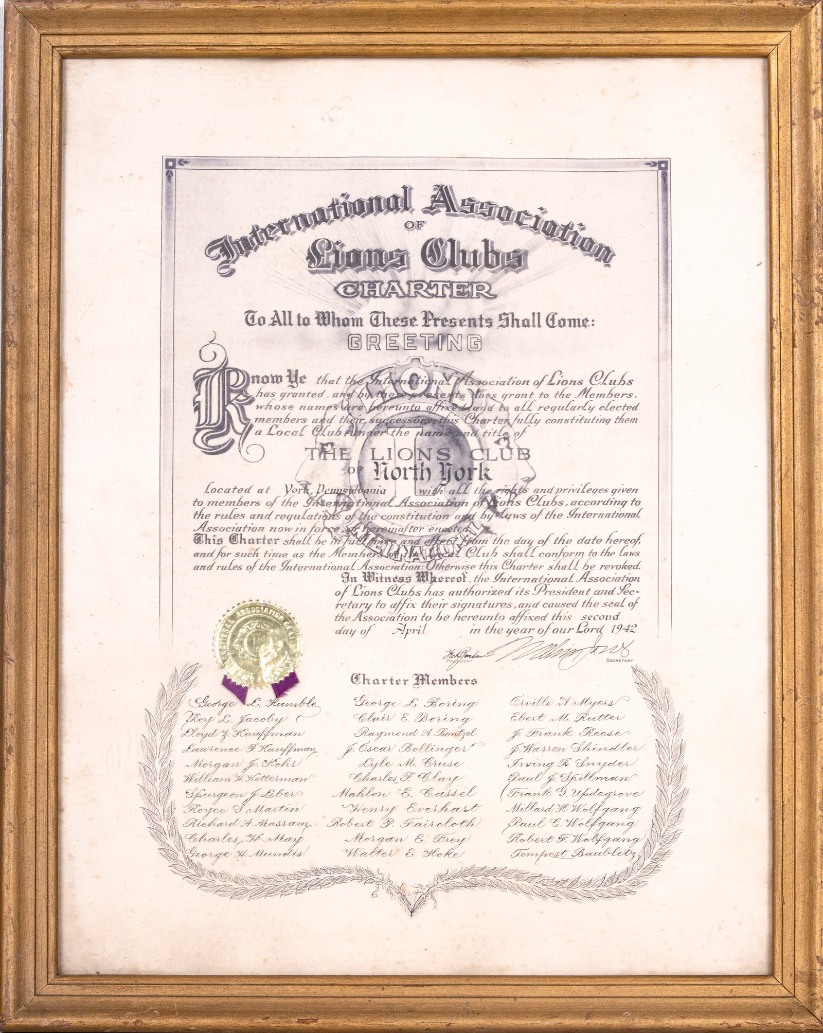 Lion's Club Official Charter of North York, PA: A framed and sealed Lion's Club Charter document for North York, PA, c. April 1942, measures approx. 19" W x 24" H.