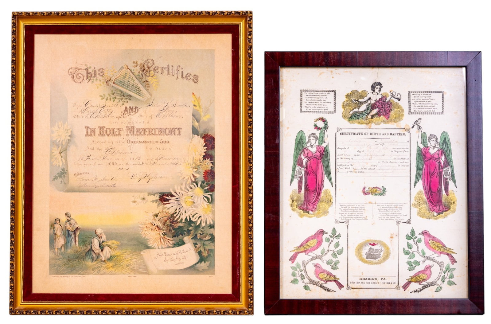 Antique Wedding and Birth Certificates: An antique hand colored etching birth certificate / fractur dated in the year 1870 in the state of Pennsylvania, measures approx. 16" W x 19" H. Also included is color lithograph printed in Germany