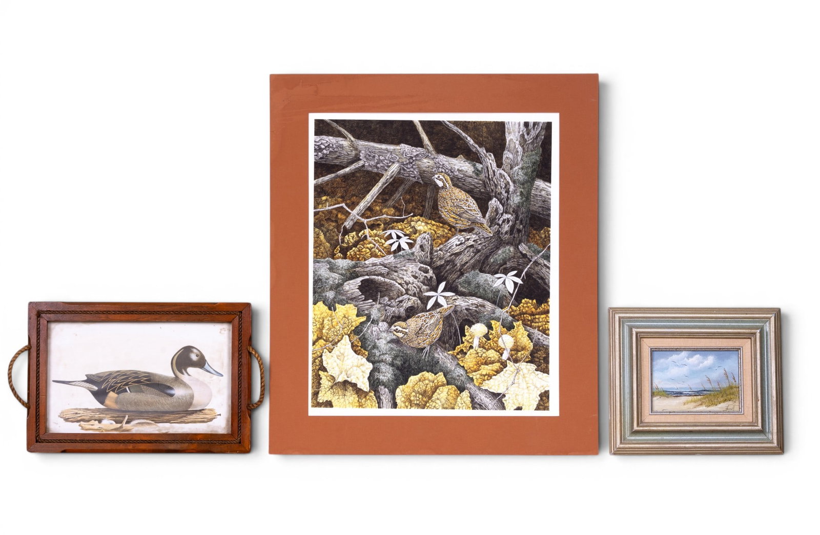 Chris Forrest (AM 1946-) Litho and Other Art: 'Bob White Quail' color lithographic print by Chris Forrest (American 1946-) edition No. 76 of 350, mat measures approx. 25" W x 29" H, a small framed beach and dune scene oil on board, signed illegib