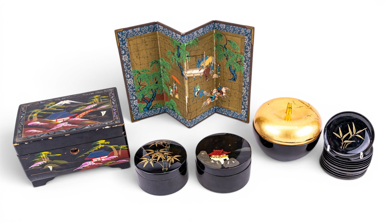 Asian Lacquerware Boxes, Screen: Group of Asian lacquerware comprising an acorn-form Chinese lacquer lidded container decorated with landscape scenes, a Japanese lacquerware music box decorated with village scenes and landscape