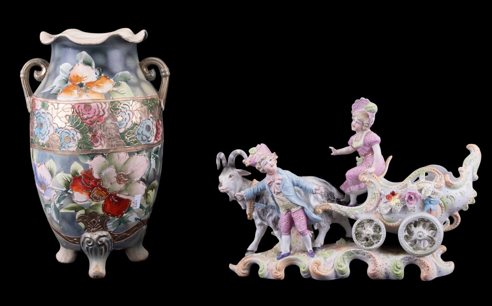 Bisque Porcelain Statuette and Hand Painted Vase: A hand painted tri-footed porcelain vase depicting a floral motif featuring crazing, two handles, and ruffled rim, measures approx. 12" H, and a bisque porcelain statuette depicting two children drivi