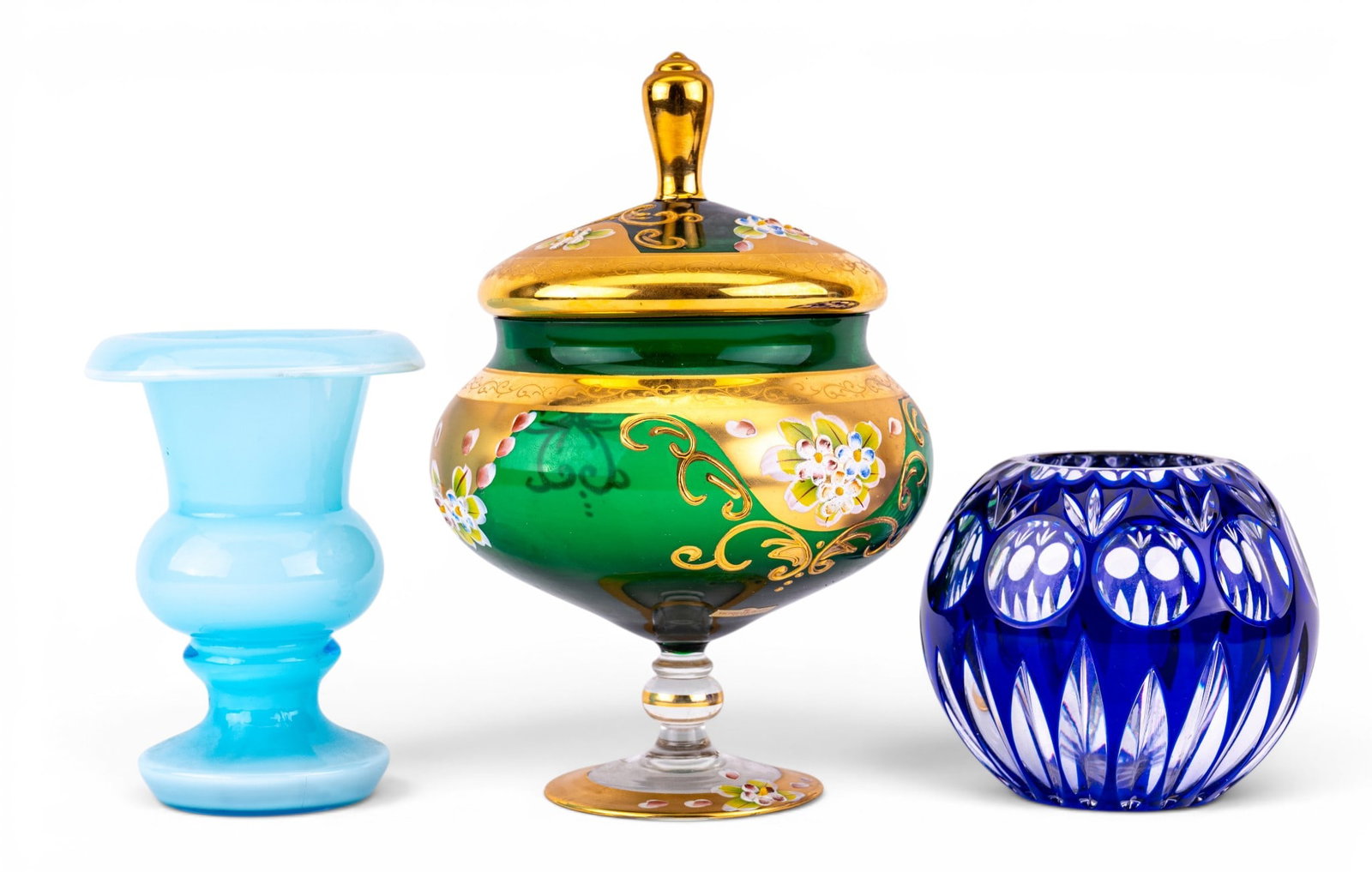 Decorative Art Glass Group: 3-piece lot comprising a painted Victorian Glass emerald green covered pedestal candy dish, a light blue opalescent art glass vase, and a cobalt blue 24% lead crystal cut candle holder marked Bleikris