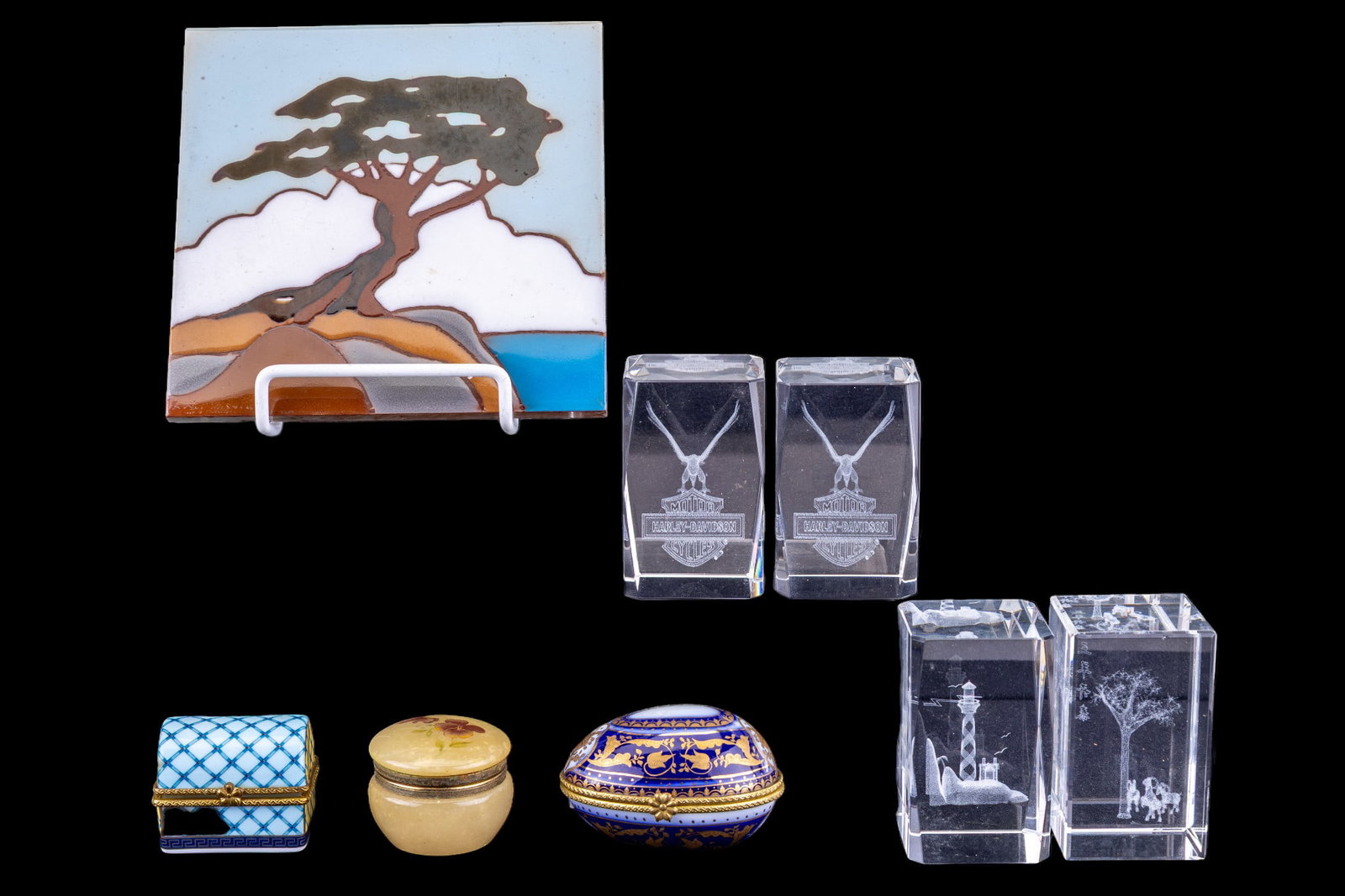 Holograms, Porcelain Tile, Boxes: Lot includes 4 boxed optical glass hologram blocks featuring 3d etched scenes (2 Harley Davidson), a blue lattice enamel trinket box, cobalt and gilt floral porcelain box, and a round