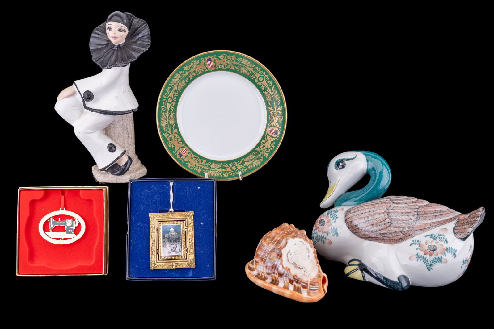 Commemorative Items w/ Tiffany & Co, Ceramics: Tiffany & Co. "United States Congressional Plate" from the Millennium Series, 1997 Congressional Holiday ornament, a Berina 2001 commemorative sewing machine Christmas ornament in original box, a M+M