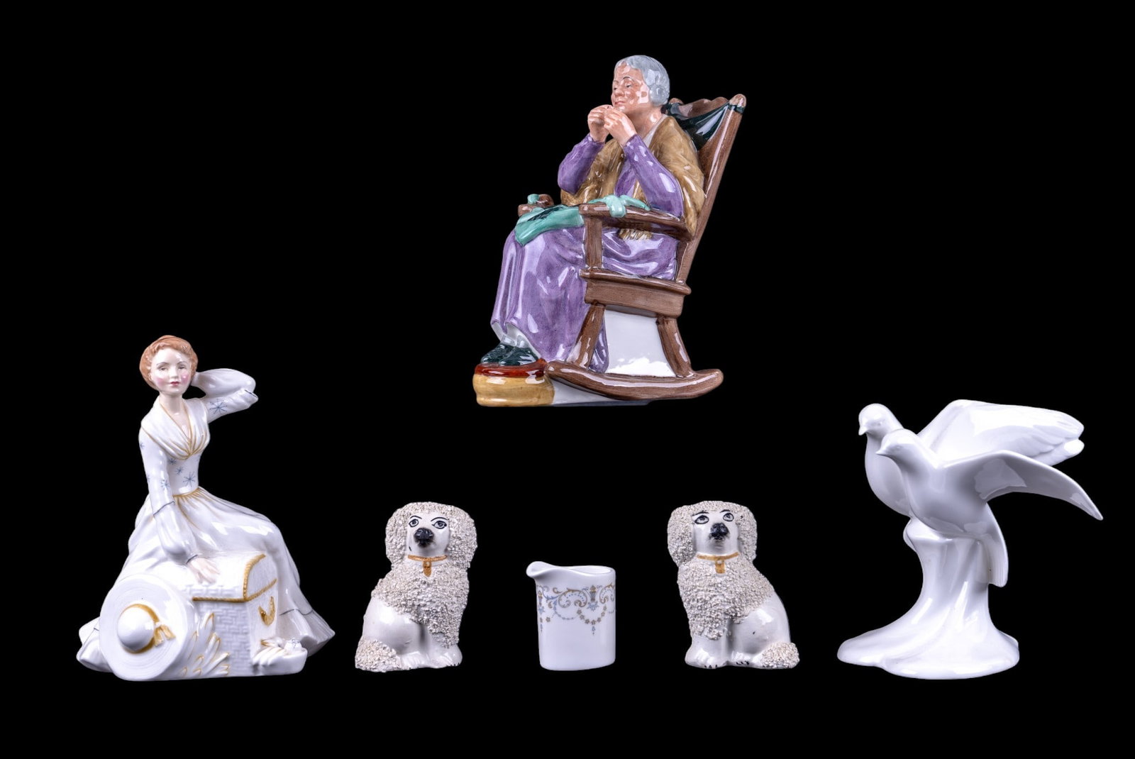Royal Doulton & Staffordshire Porcelain Figurines: A collection of porcelain figurines featuring Royal Doulton 'Images of Nature: Always and Forever' depicting two doves, Royal Doulton 'Summer's Day' depicting a pretty lady in a white dress sitting