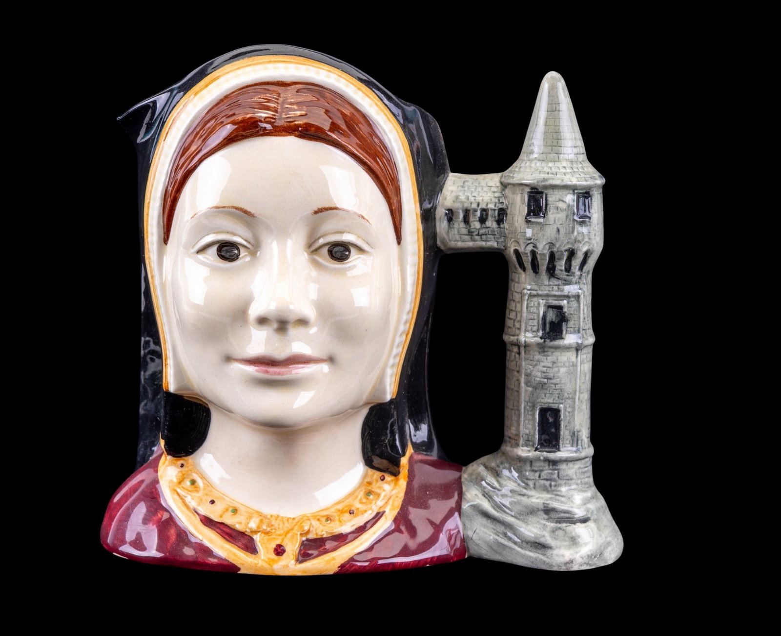 Royal Doulton "Catherine of Aragon" Mug: Royal Doulton ceramic character jug depicting Catherine of Aragon, modeled as a Tudor portrait with handle formed as a tower. Measures approx. 7" W x 7" H.