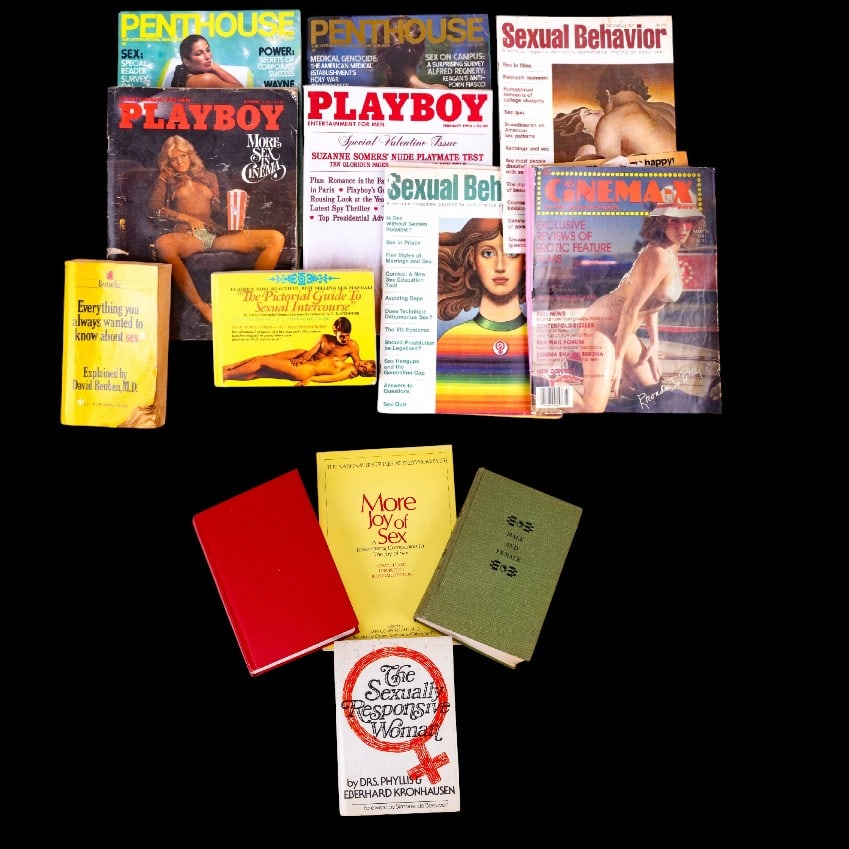 Vintage Playboy, Cinema-X, Penthouse: Adult magazines and books. One copy of Cinema-X from March 1981, Several copies of Sexual Behavior with dates including January 1972, December 1971, 2 Playboy magazines including November 1975, and Fe
