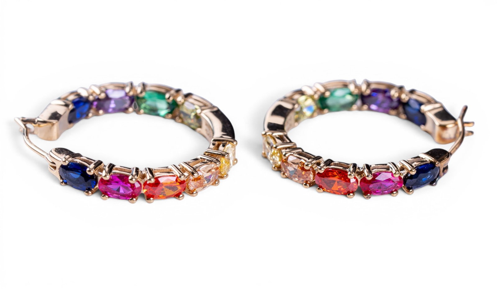 Inside Outside Hoops: Sterling silver inside/outside hoop earrings with stones of rainbow hues.