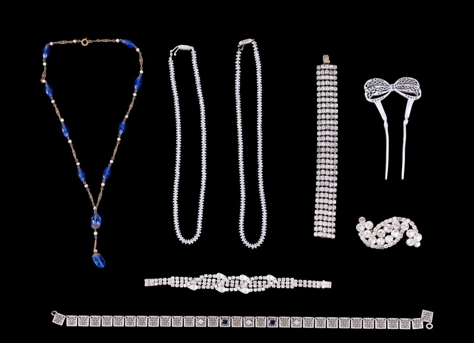 Art Deco and Vintage Jewelry: Includes 2 Art deco era necklaces and a variety of 1950's rhinestone and crystal jewelry.
