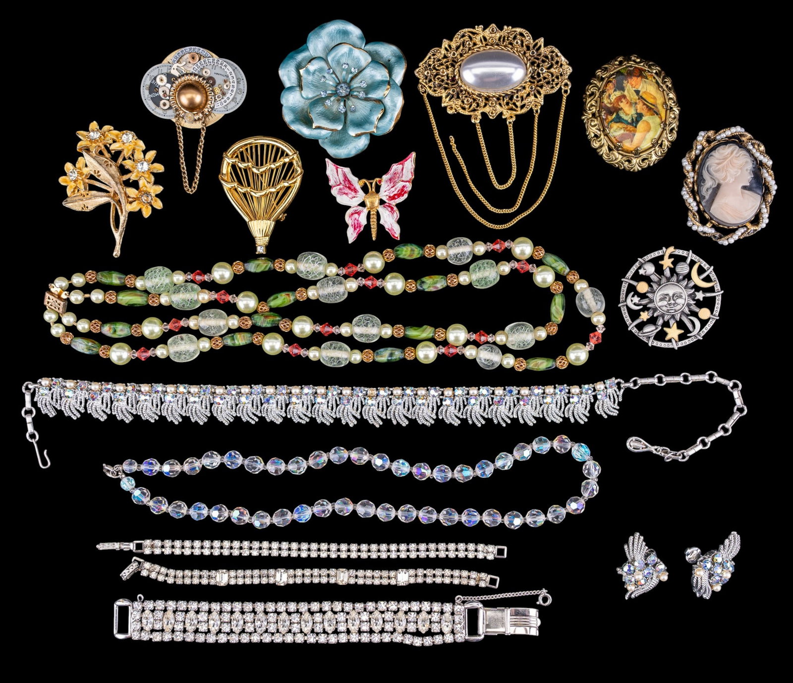 Coro Jewelry and More: Includes a blue crystal necklace and earrings (1950's) signed Coro, as well as a variety of brooches and other pieces.