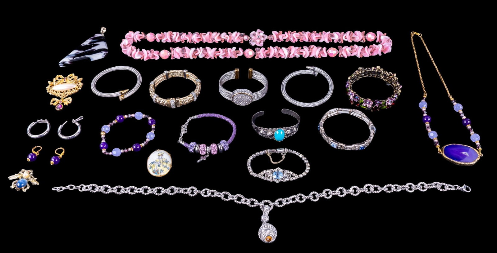 Vintage Estate Jewelry: Includes a pink plastic necklace, amethyst-style jewelry, modern pave jewelry, nail-style bracelets, rhinestone jewelry and more.
