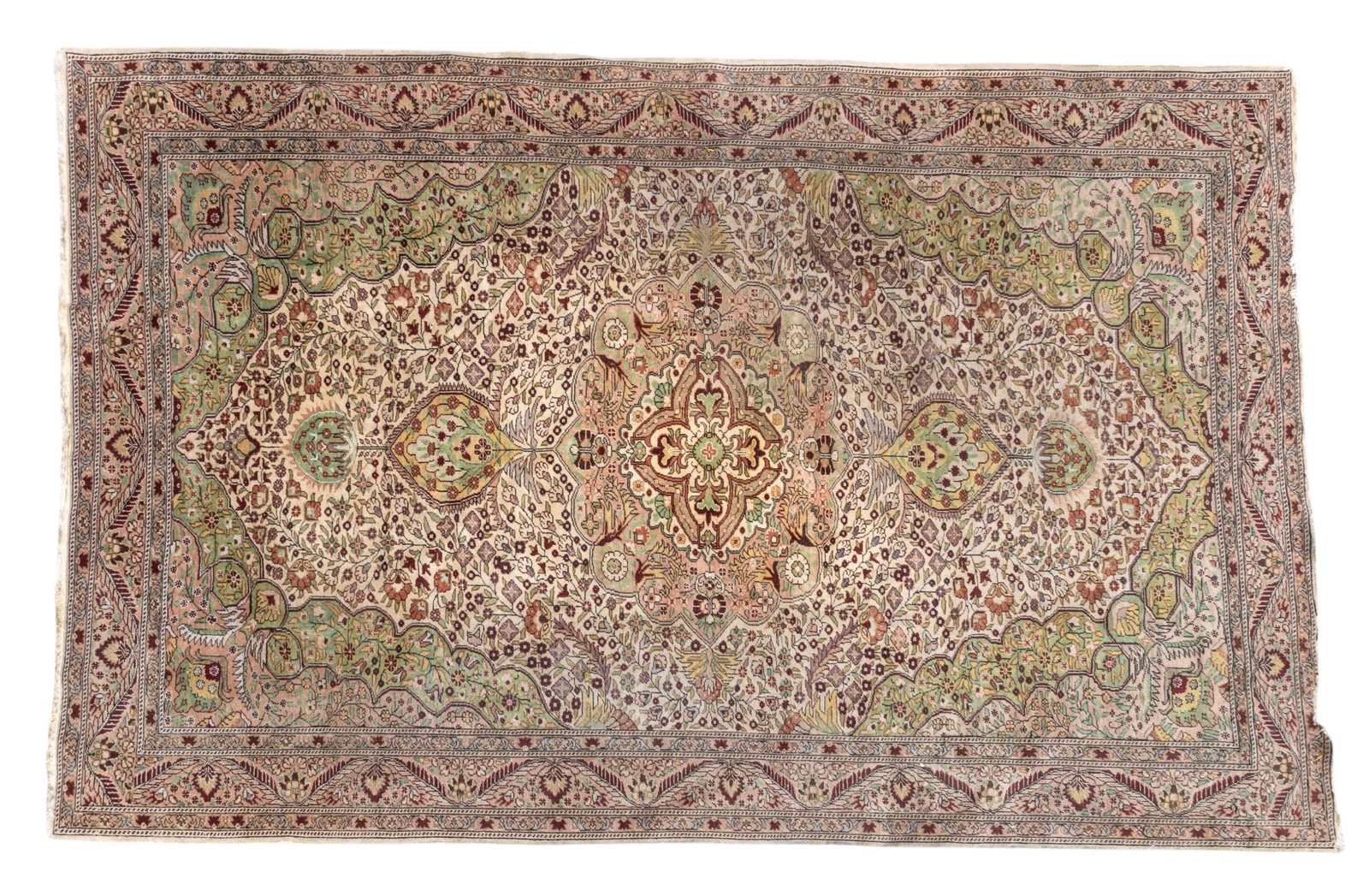 Persian Tabriz Rug ~6.5' x9.75': Room-sized Persian Tabriz area rug with tan, greens, and red / maroon colors around a central medallion. Good condition some wear to edges. Measures approx. 6'5" x 9'9".
