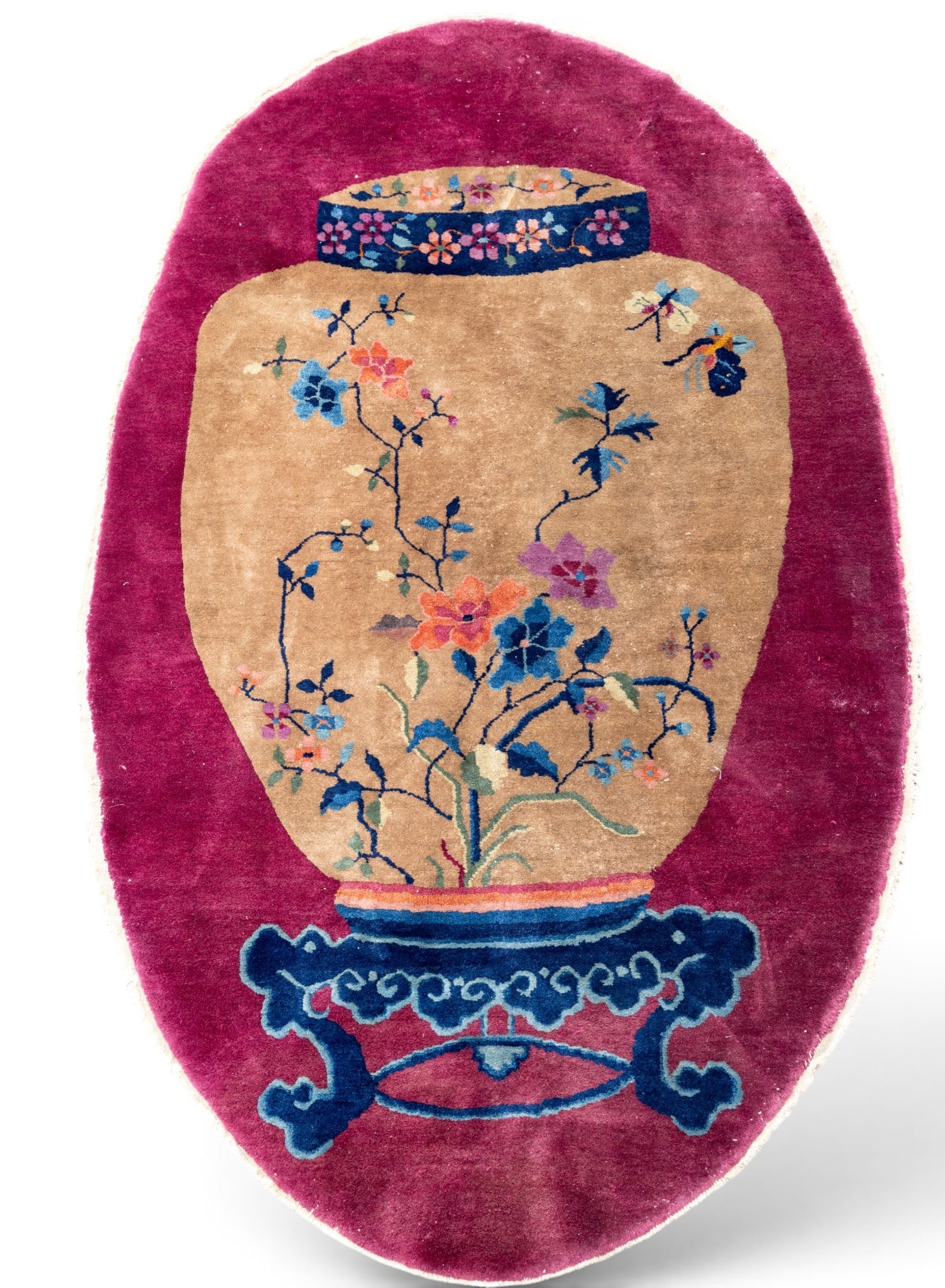 Chinese Art Deco Oval Rug ~6.75' L: Chinese Art Deco area rug with tan color ginger jar motif to purple field. Full pile. Measures approx. 4' x 6'10".